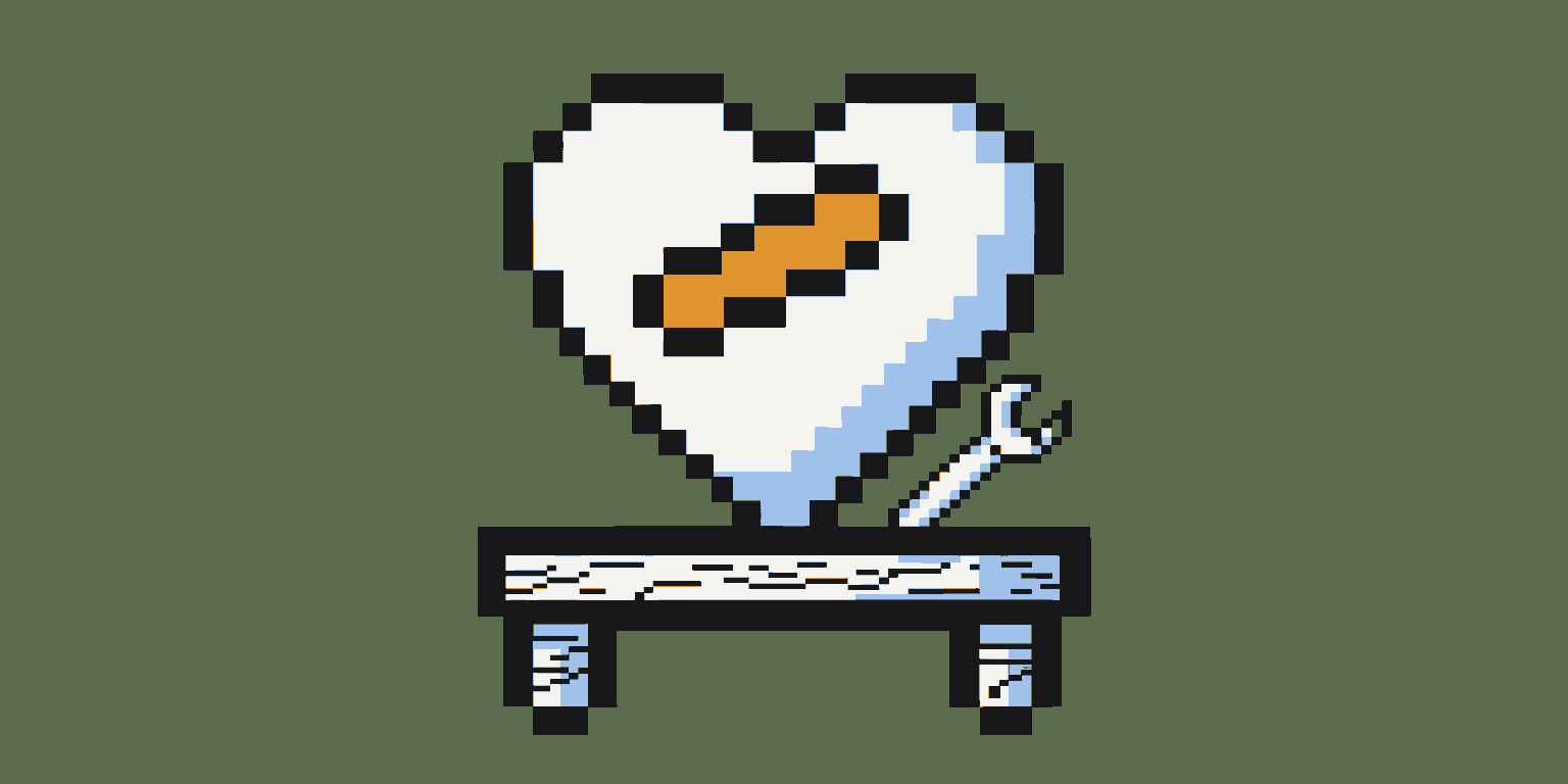 A pixel-art heart with a sticking plaster across it, resting on a workbench with a spanner beside it.