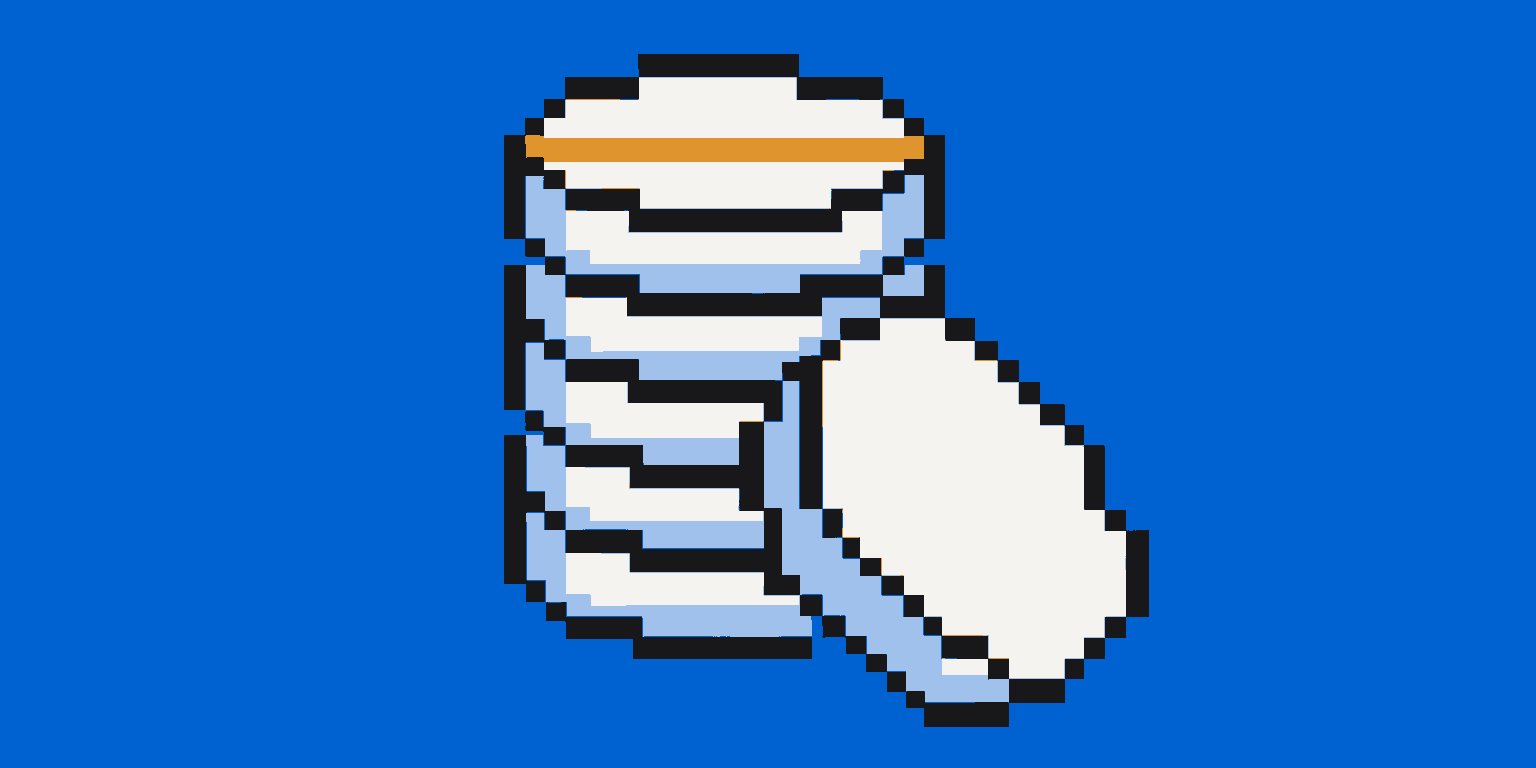 A stack of coins drawn in pixel art, one coin leaning against the pile.
