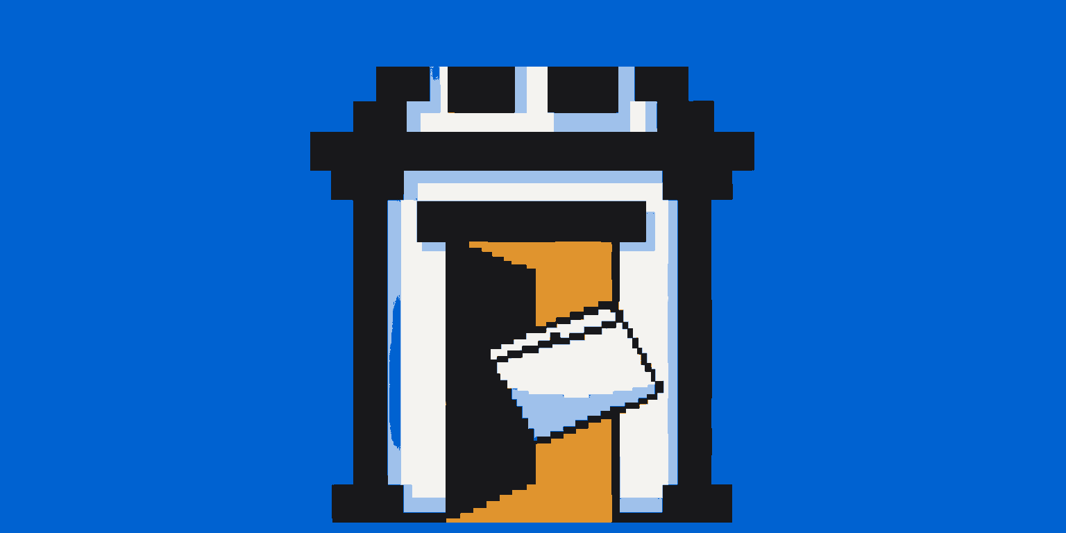 A pixel-art office doorway at night, the door ajar and lit from inside, with a folder of documents passing through it.