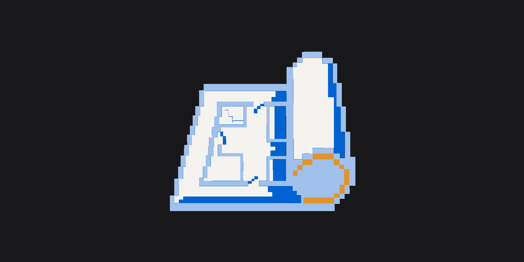 A pixel-art architect's plan, half unrolled, with a rolled drawing resting on it.