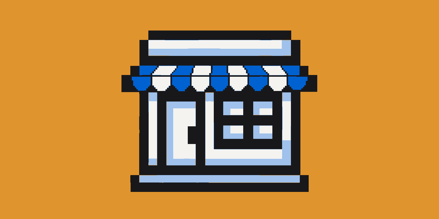 A pixel-art shopfront with a striped awning, a glass door and one large window.