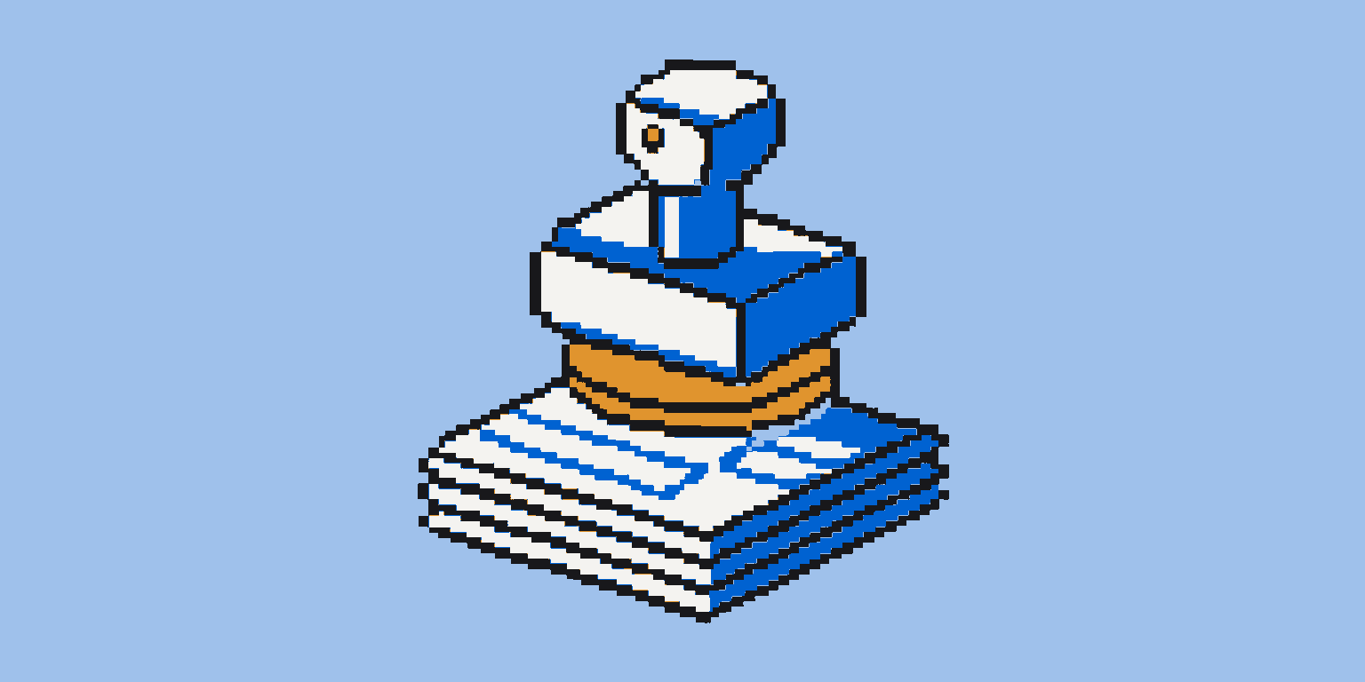 A pixel-art rubber stamp pressing down on a short stack of forms.