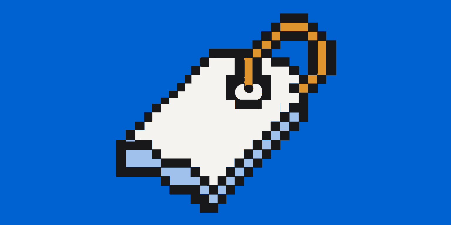 A pixel-art paper price tag with a punched hole and a loop of string.